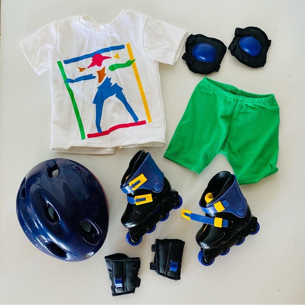 AMERICAN GIRL DOLL Vintage Roller Blades Helmet Knee Elbow Pads Shorts Outfit